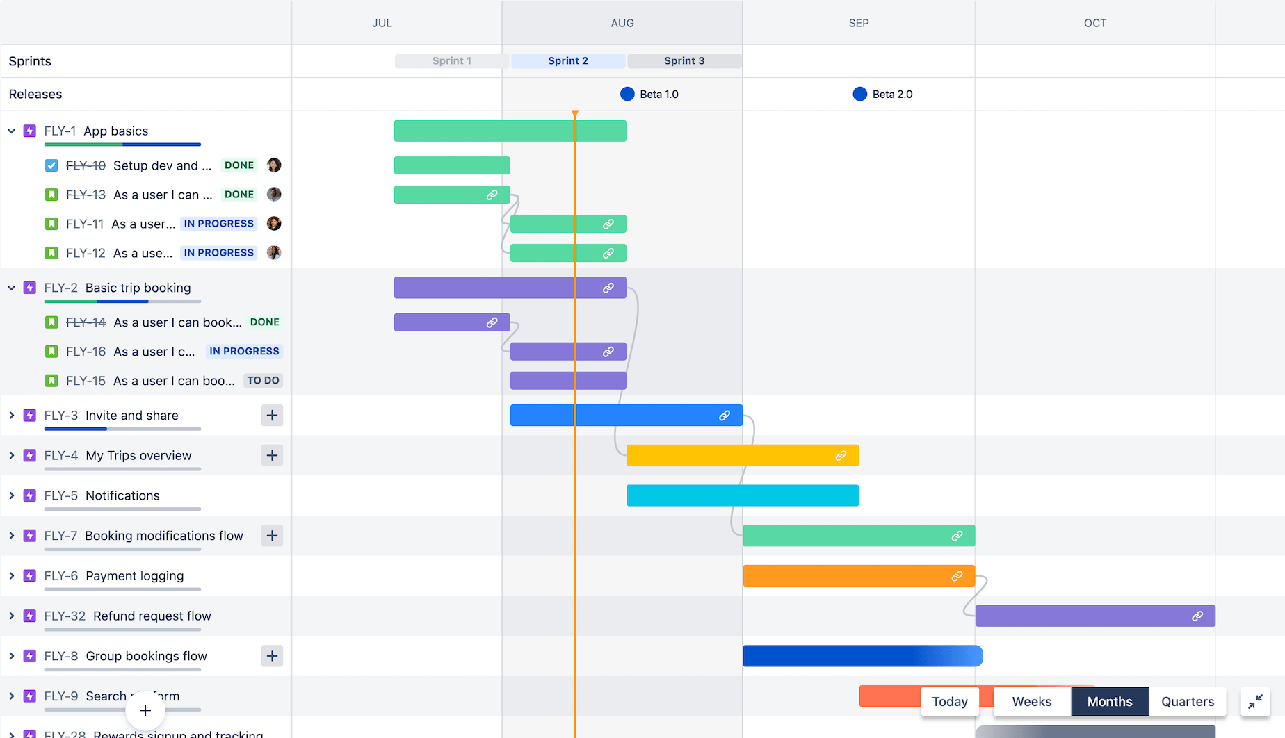 Jira Software의 로드맵 예시